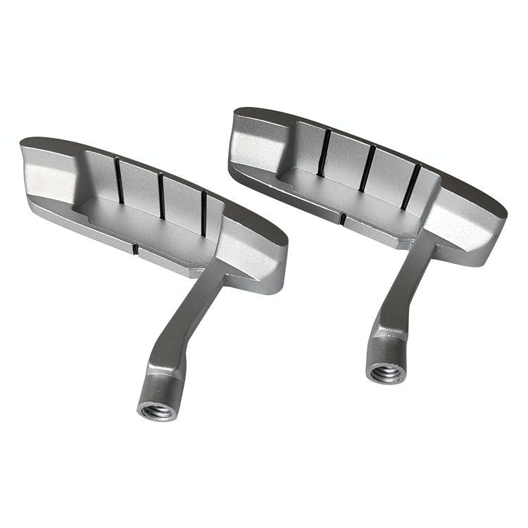 Silver zinc alloy kids golf putter head with a compact single-sided practice face design
