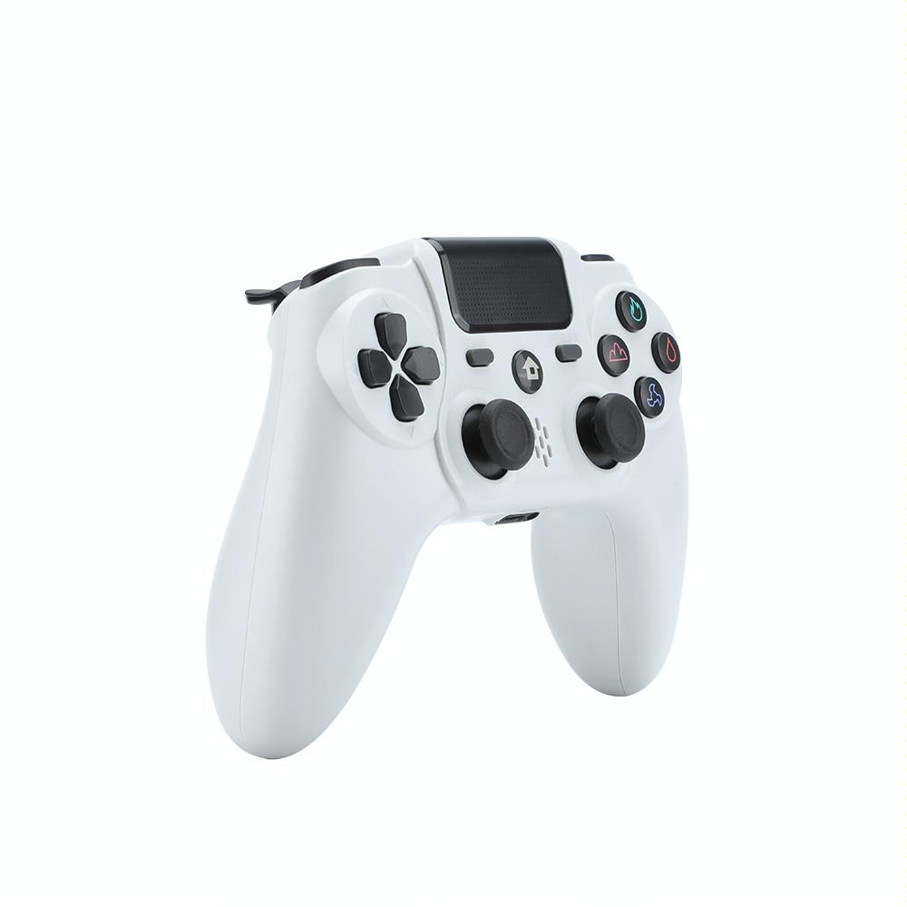 White wireless PS4 game controller with standard button layout and ergonomic design.