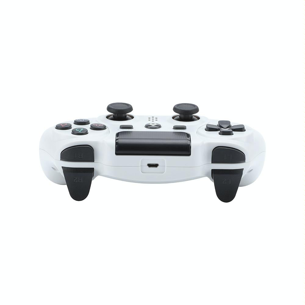 White wireless PS4 game controller with standard button layout and ergonomic design. — view 4