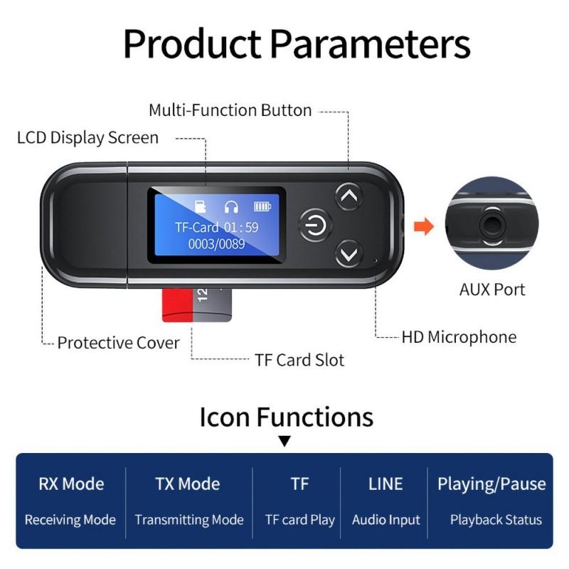 NNEIDS compact Bluetooth audio transmitter and receiver with LCD display for hands-free car calling — view 2