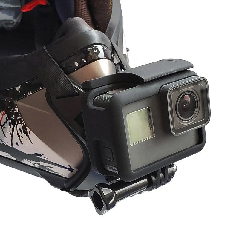 Universal motorcycle helmet mount with adjustable straps and silicone grip for action cameras and mobile phones