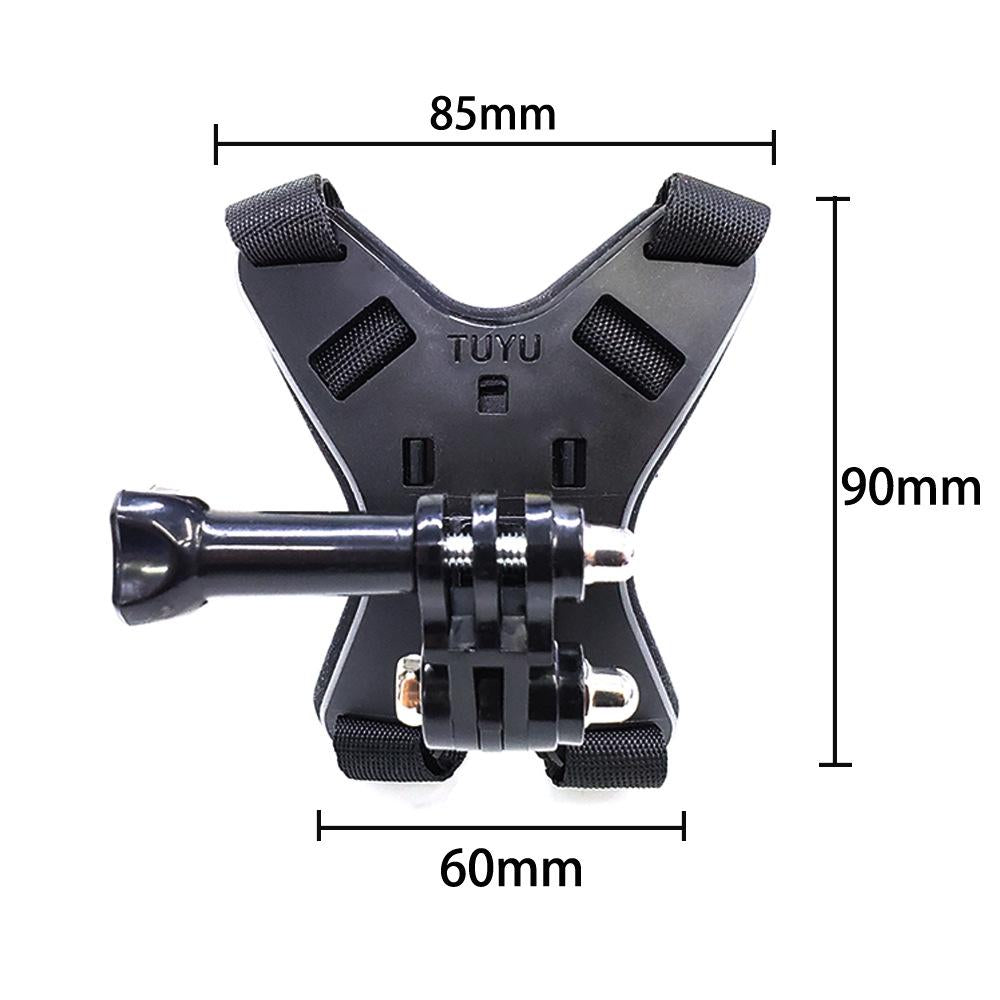Black universal motorcycle helmet mount with adjustable chin strap and action camera attachment arm — view 2