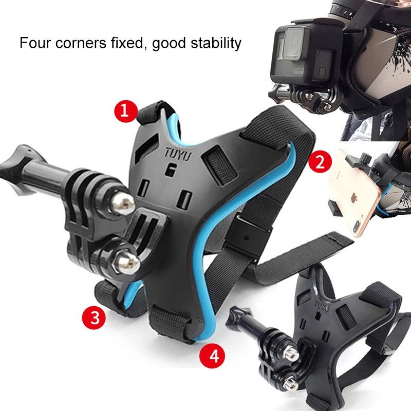Black universal motorcycle helmet mount with adjustable chin strap and action camera attachment arm — view 4