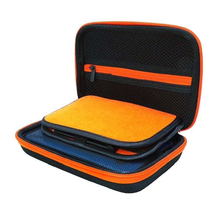 Portable black nylon game console storage bag with zipper and internal mesh card slots