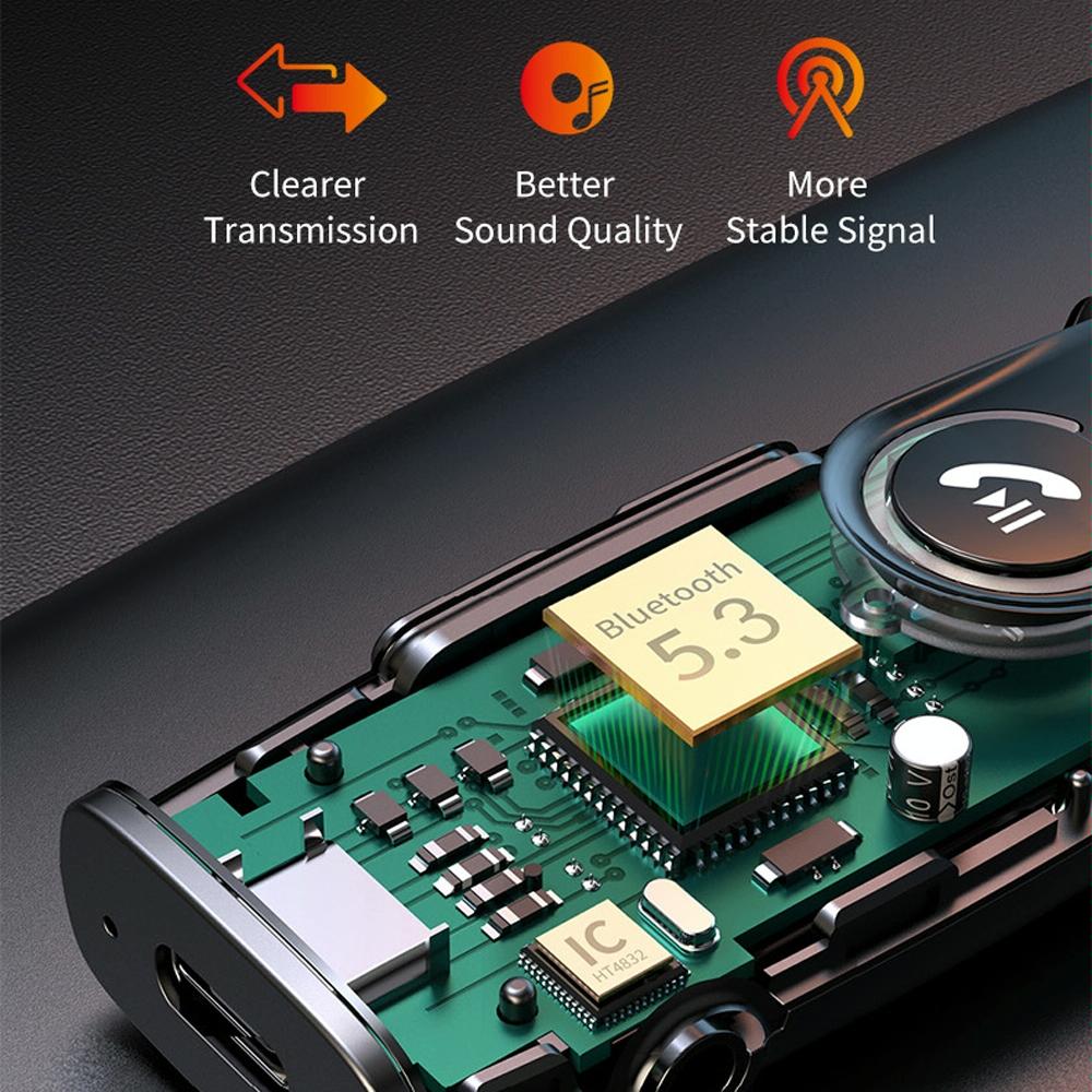 Black wireless car Bluetooth audio receiver with LED display and auxiliary connector for stereo systems — view 4
