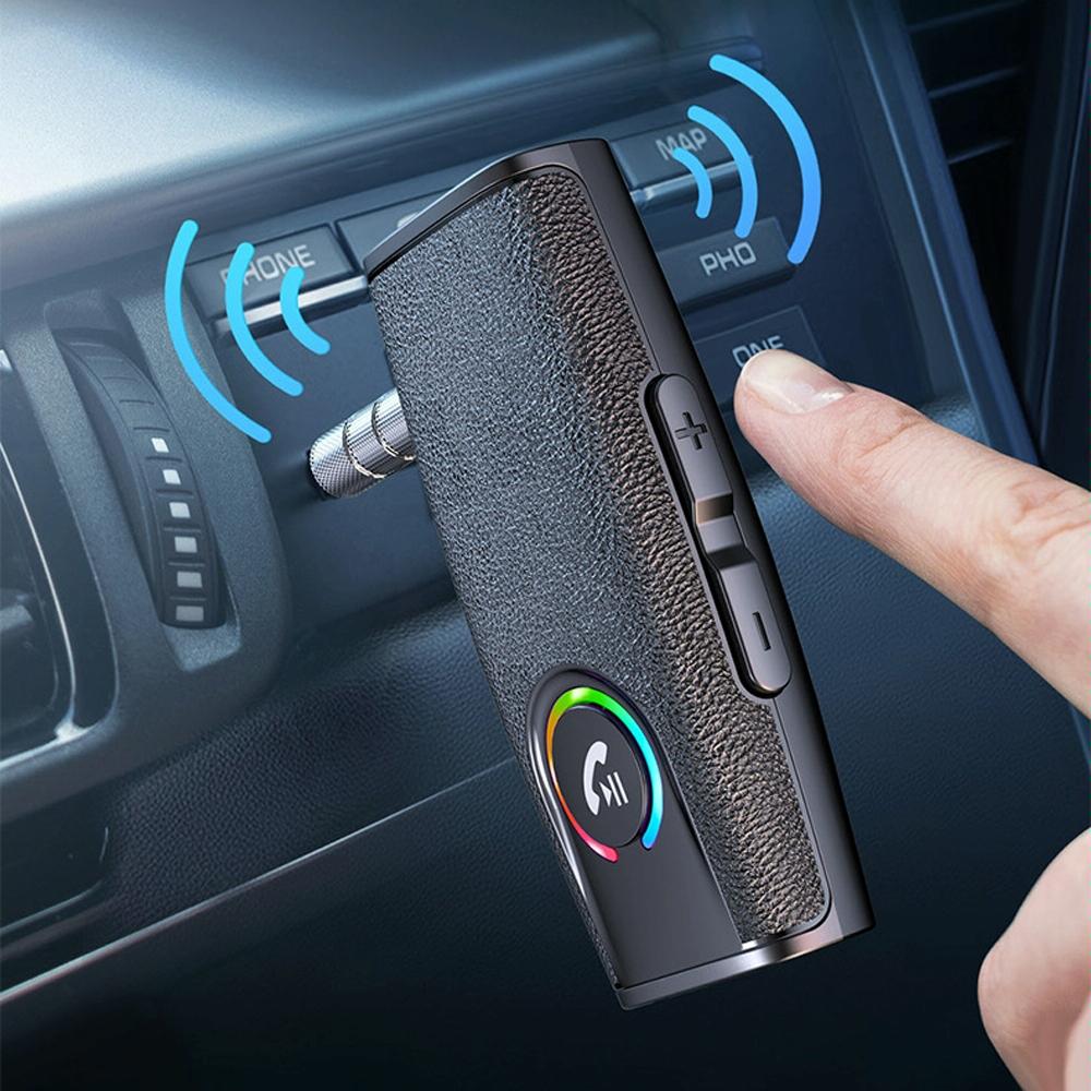 Black wireless car Bluetooth audio receiver with LED display and auxiliary connector for stereo systems — view 5