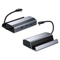Aluminum 6-in-1 Steam Deck expansion dock featuring multiple USB ports, HDMI output, and ethernet connection