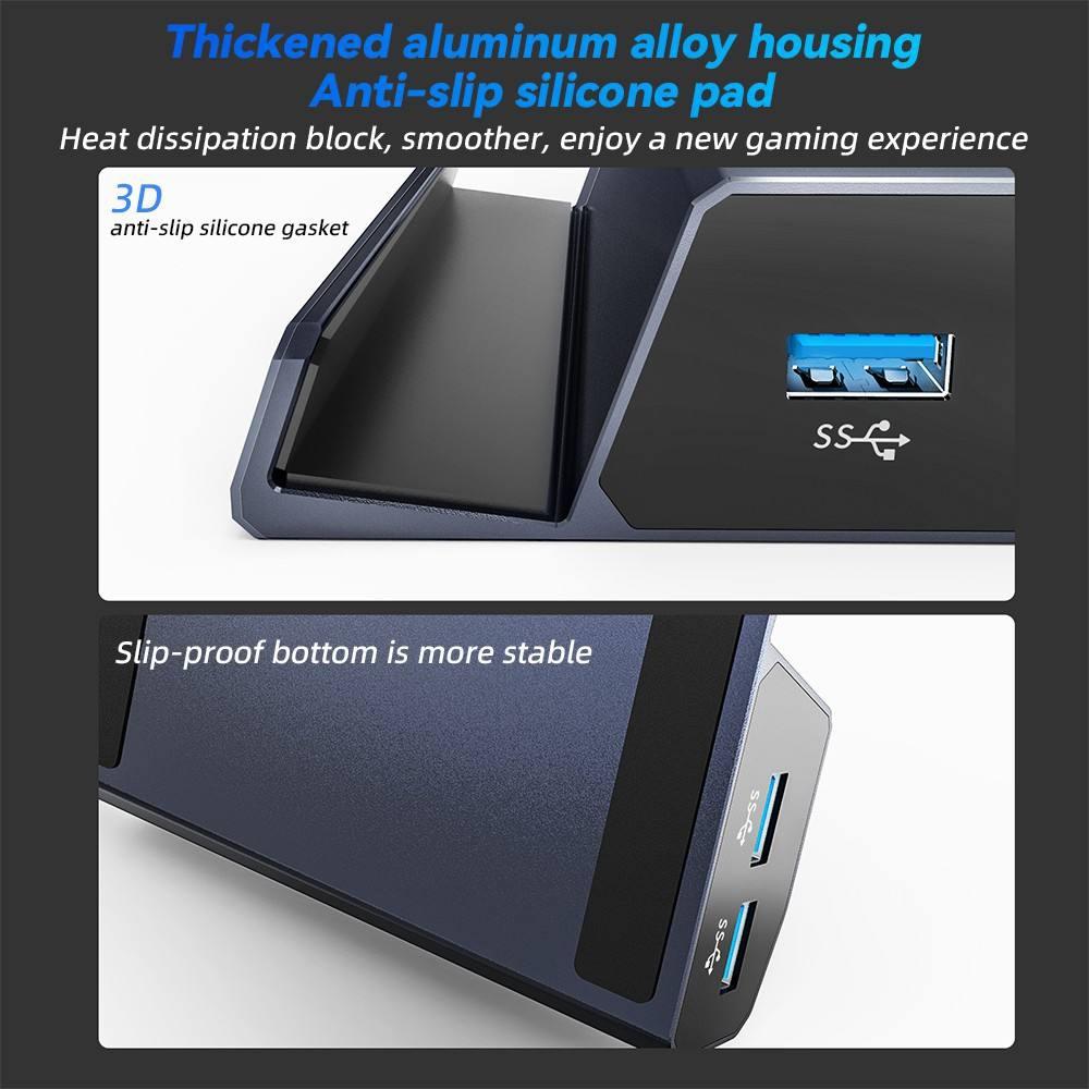 Aluminum 6-in-1 Steam Deck expansion dock featuring multiple USB ports, HDMI output, and ethernet connection — view 3