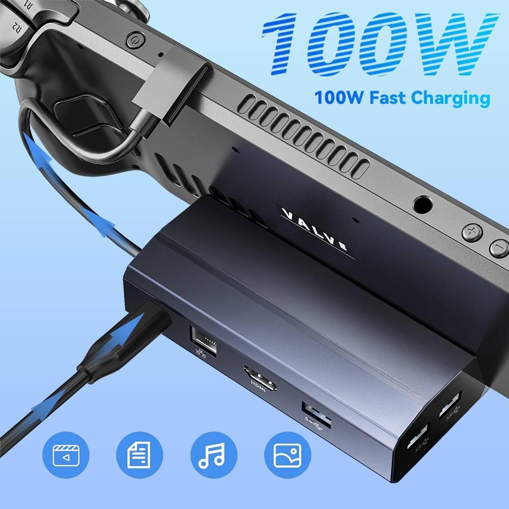 Aluminum 6-in-1 Steam Deck expansion dock featuring multiple USB ports, HDMI output, and ethernet connection — view 4