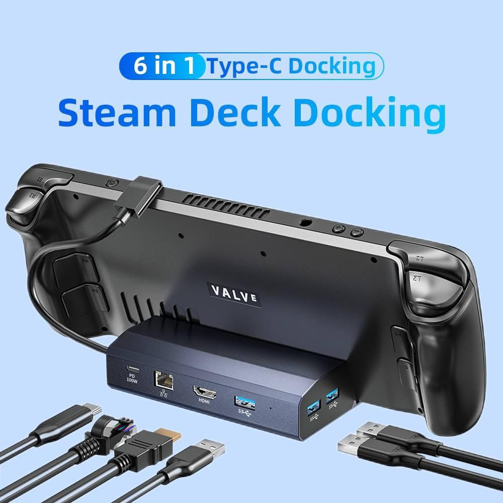 Aluminum 6-in-1 Steam Deck expansion dock featuring multiple USB ports, HDMI output, and ethernet connection — view 5