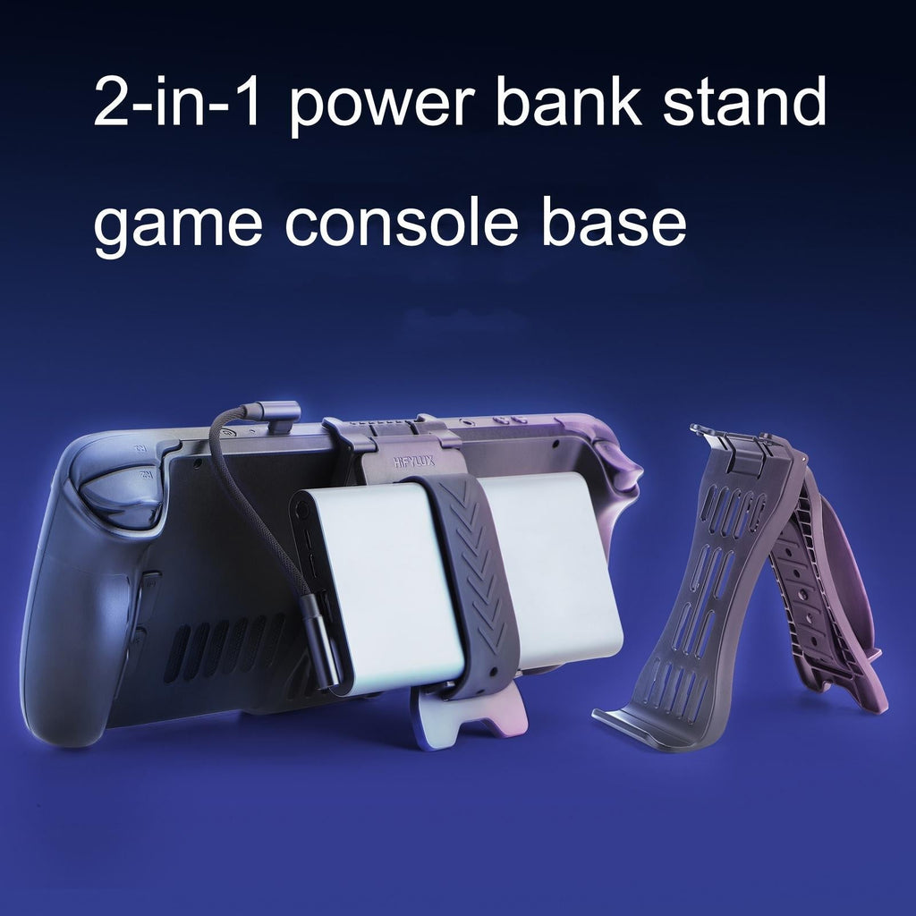 Black 2-in-1 Steam Deck charging base and power bank desktop stand with silicone padding — view 3
