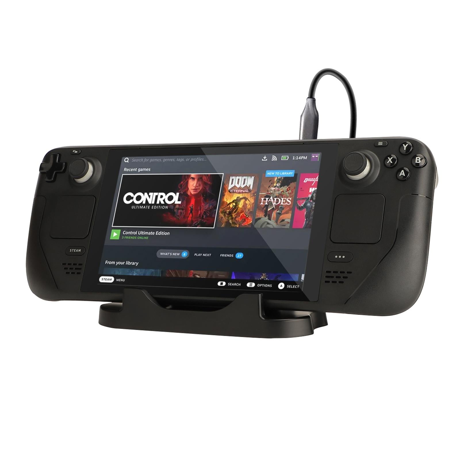 Black Steam Deck console stand and mobile phone bracket with anti-slip desktop base.