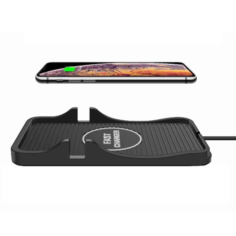 Black silicone 15W wireless car charger and phone cradle for Apple and Android smartphones on dashboard