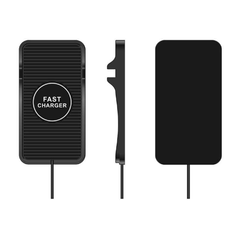 Black silicone 15W wireless car charger and phone cradle for Apple and Android smartphones on dashboard — view 2