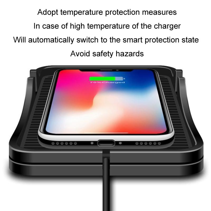Black silicone 15W wireless car charger and phone cradle for Apple and Android smartphones on dashboard — view 3