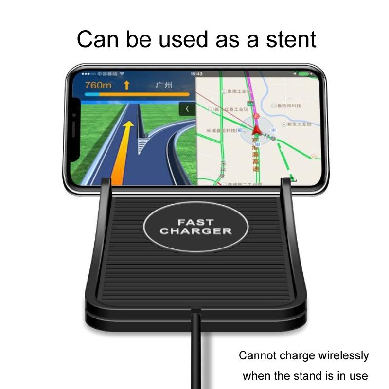 Black silicone 15W wireless car charger and phone cradle for Apple and Android smartphones on dashboard — view 4