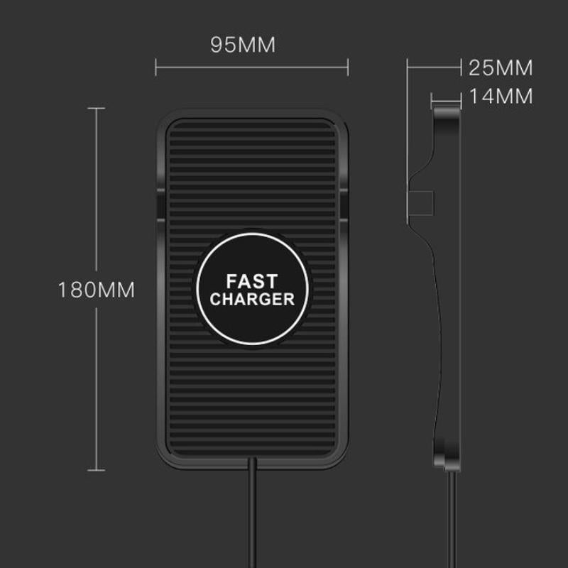 Black silicone 15W wireless car charger and phone cradle for Apple and Android smartphones on dashboard — view 5
