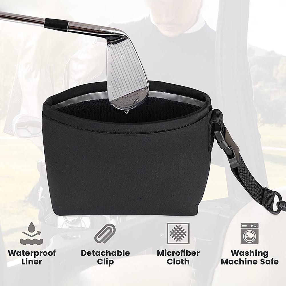 Black portable golf ball cleaning bag in waterproof nylon with detachable buckle clip — view 5