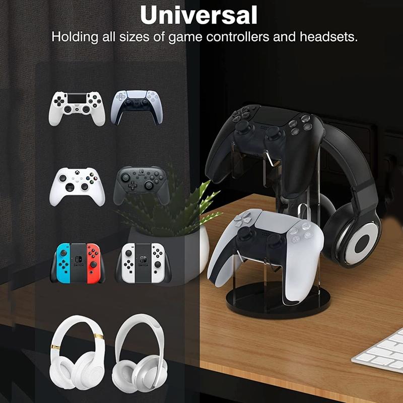 Black acrylic game controller stand and headphone hanger with round base and cable management hole