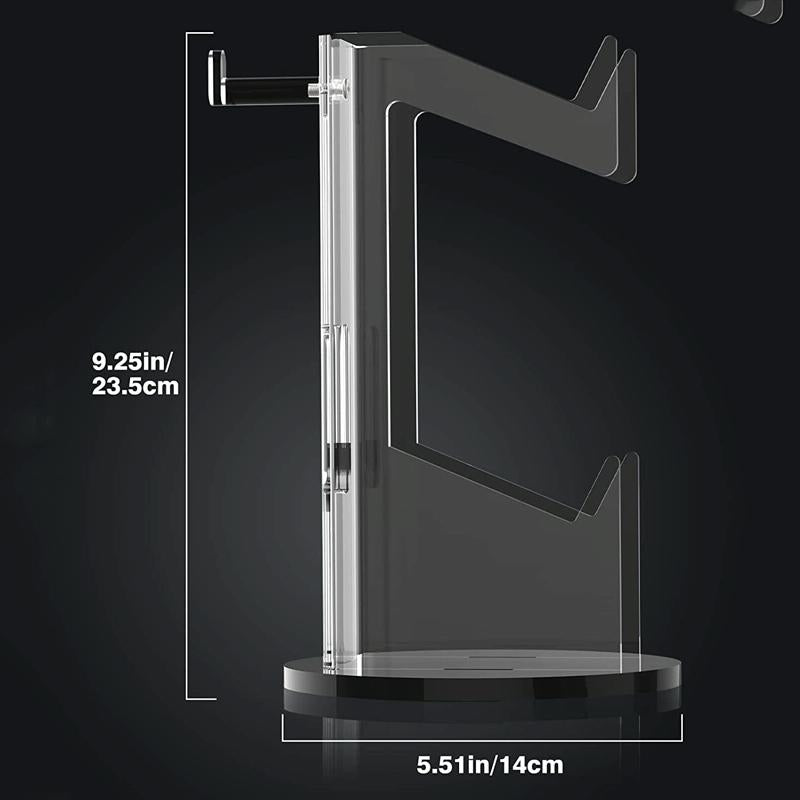 Black acrylic game controller stand and headphone hanger with round base and cable management hole — view 2