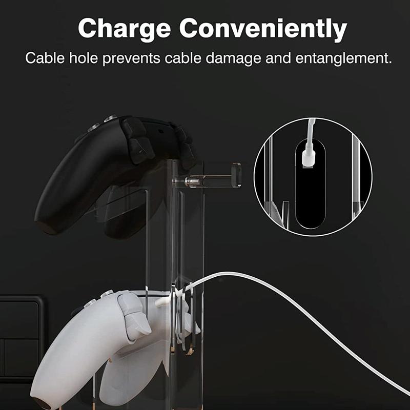 Black acrylic game controller stand and headphone hanger with round base and cable management hole — view 3