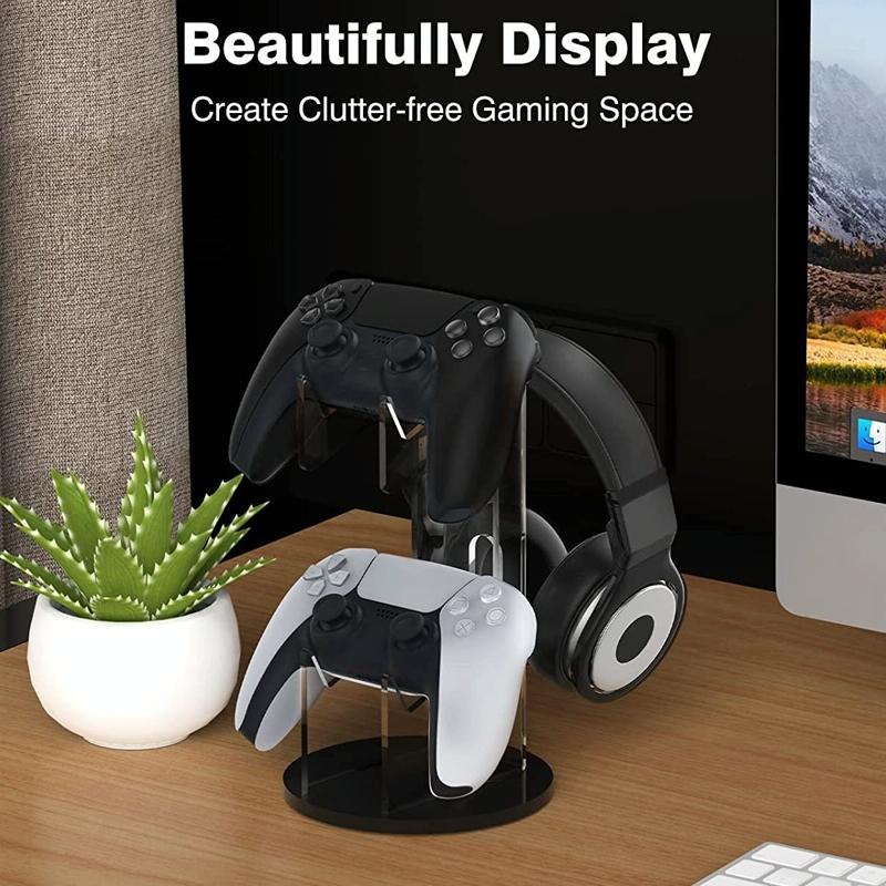 Black acrylic game controller stand and headphone hanger with round base and cable management hole — view 4