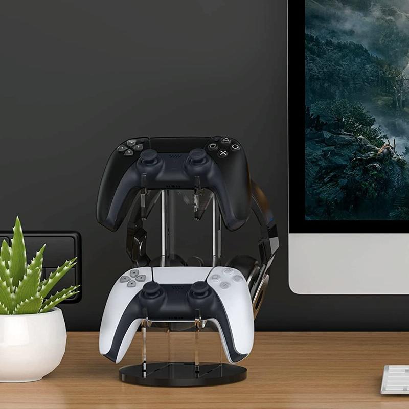 Black acrylic game controller stand and headphone hanger with round base and cable management hole — view 5