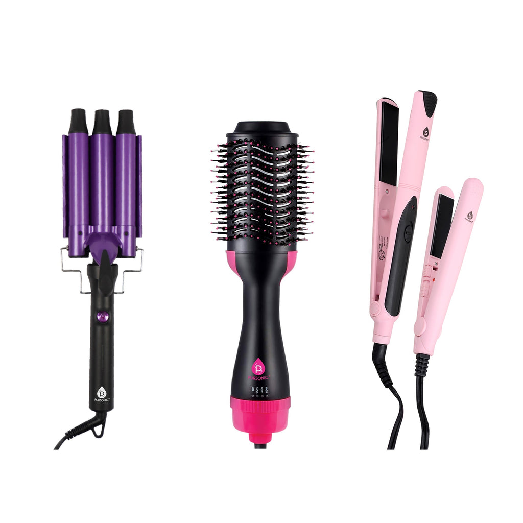 Professional hair styling trio featuring triple barrel curler, volumizing brush, and flat irons