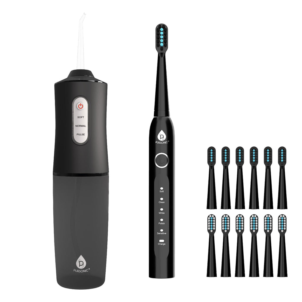 Pursonic electric toothbrush and water flosser set with twelve replacement brush heads