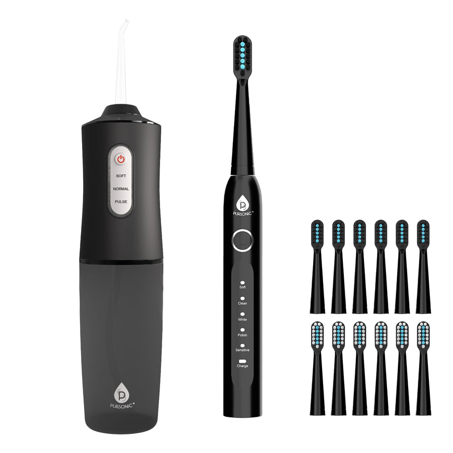 Pursonic Rechargeable Water Flosser & USB Electric Toothbrush with 12 Brush Heads – Advanced Oral Care Set