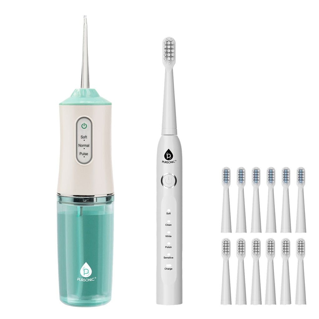 Pursonic electric toothbrush and water flosser set with twelve replacement brush heads — view 3