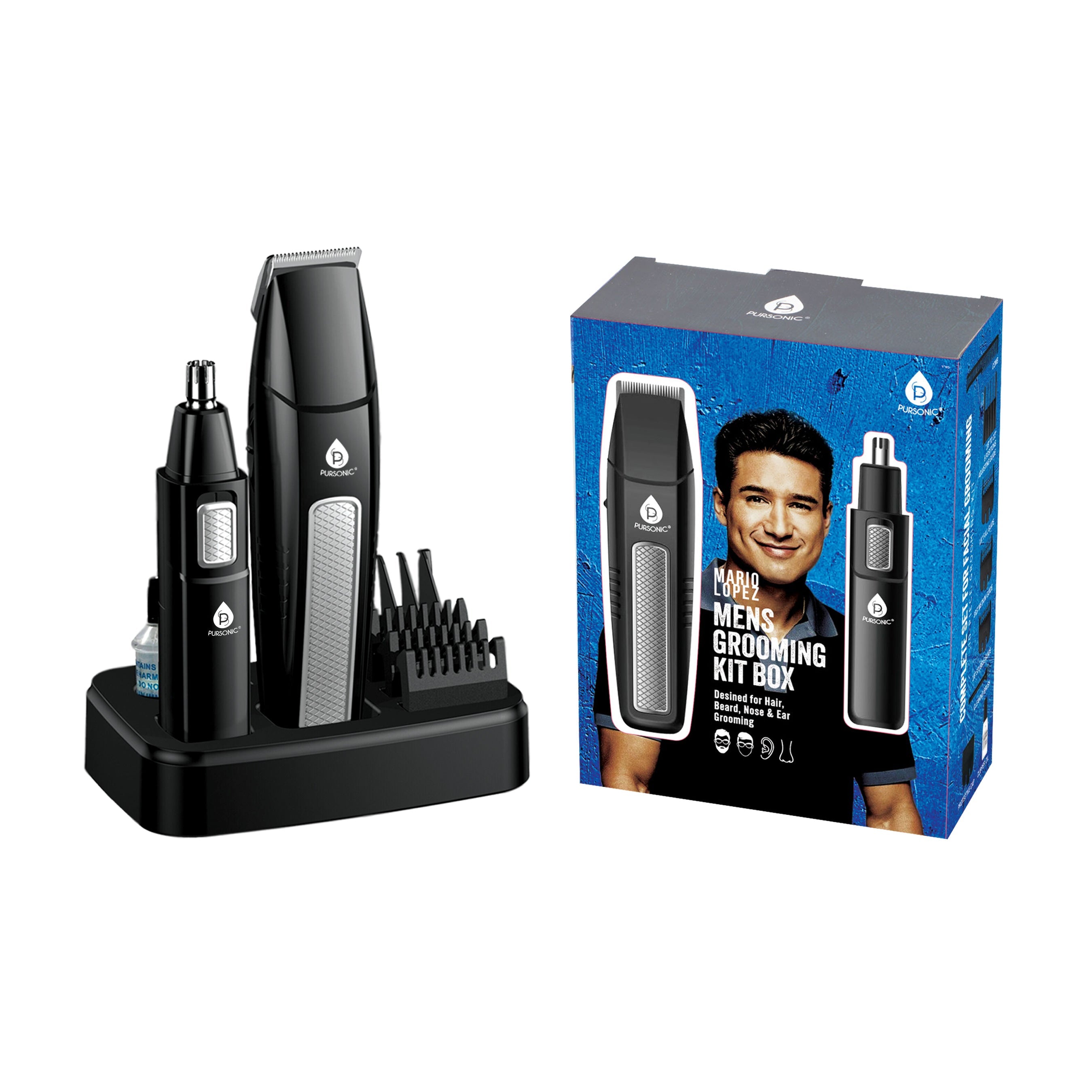 Mario Lopez 10-piece men's grooming kit featuring stainless steel hair clipper, trimmers, and guide combs