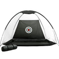 Black golf practice net with fiberglass frame and large bullseye target set up on grass outdoors