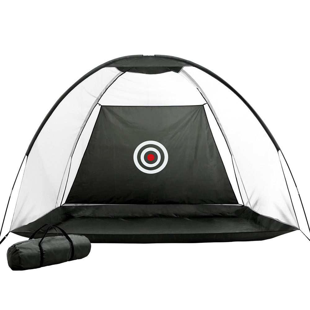 Black golf practice net with fiberglass frame and large bullseye target set up on grass outdoors