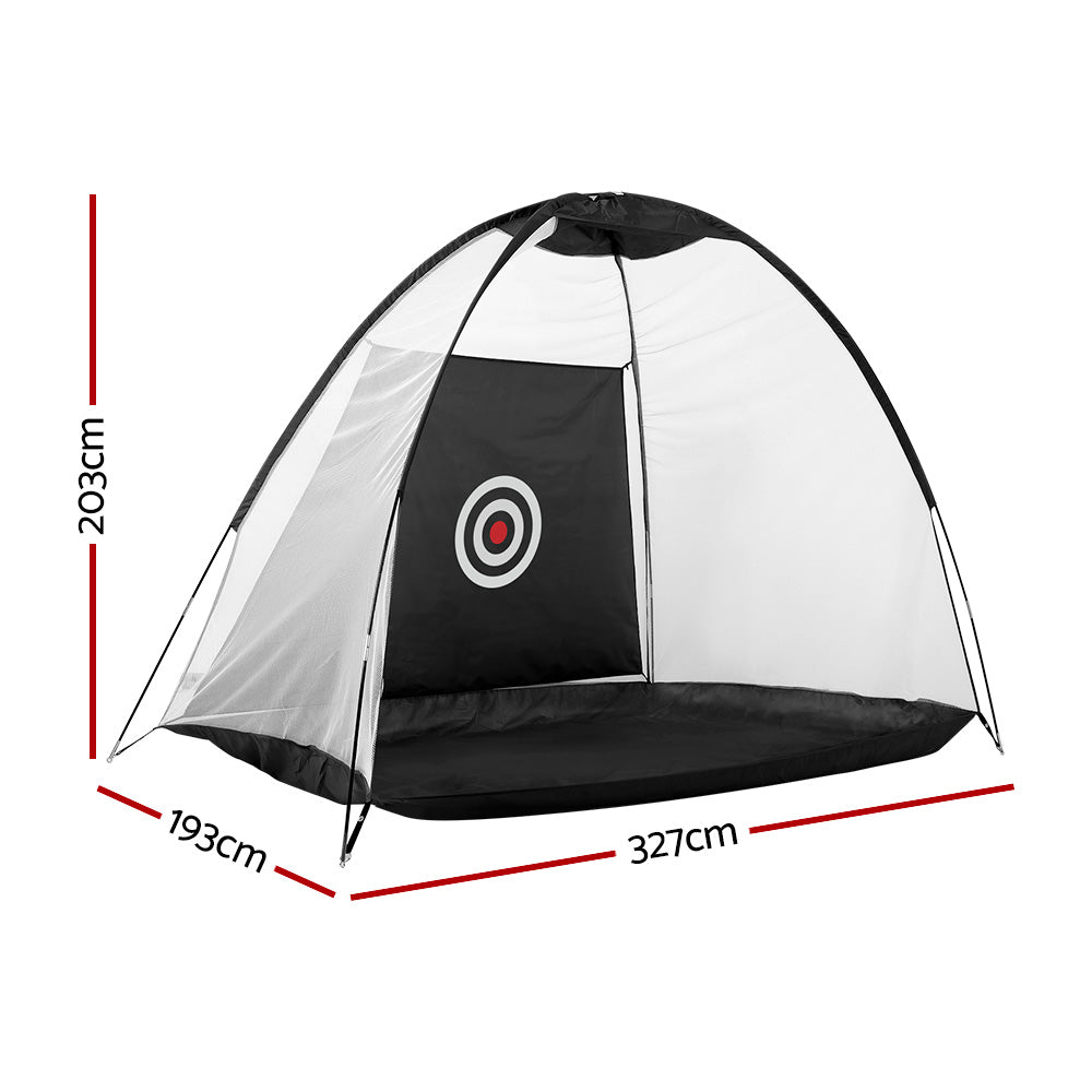 Black golf practice net with fiberglass frame and large bullseye target set up on grass outdoors — view 2