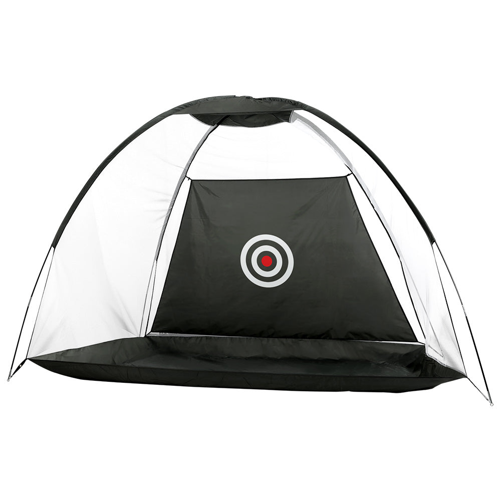 Black golf practice net with fiberglass frame and large bullseye target set up on grass outdoors — view 3