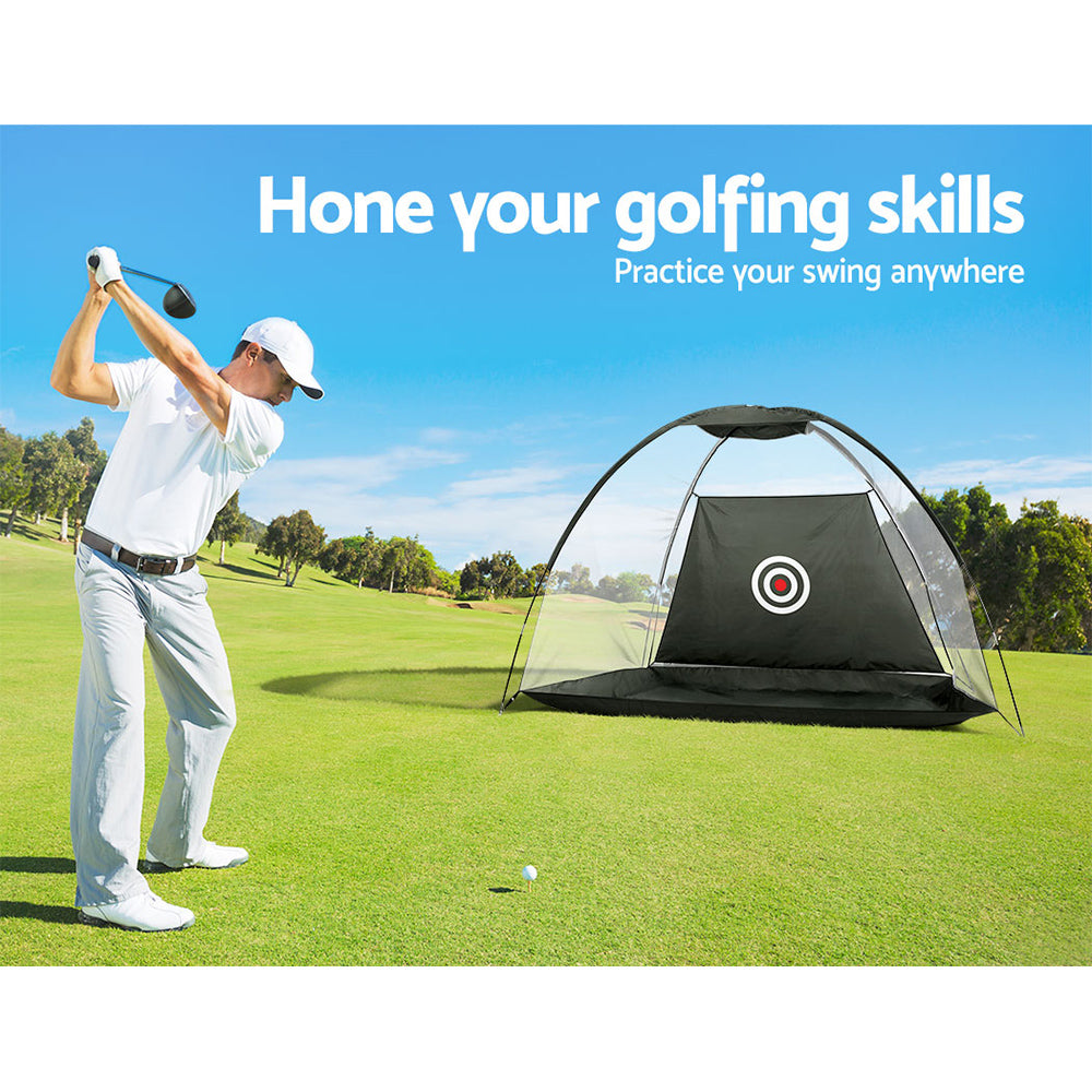 Black golf practice net with fiberglass frame and large bullseye target set up on grass outdoors — view 5