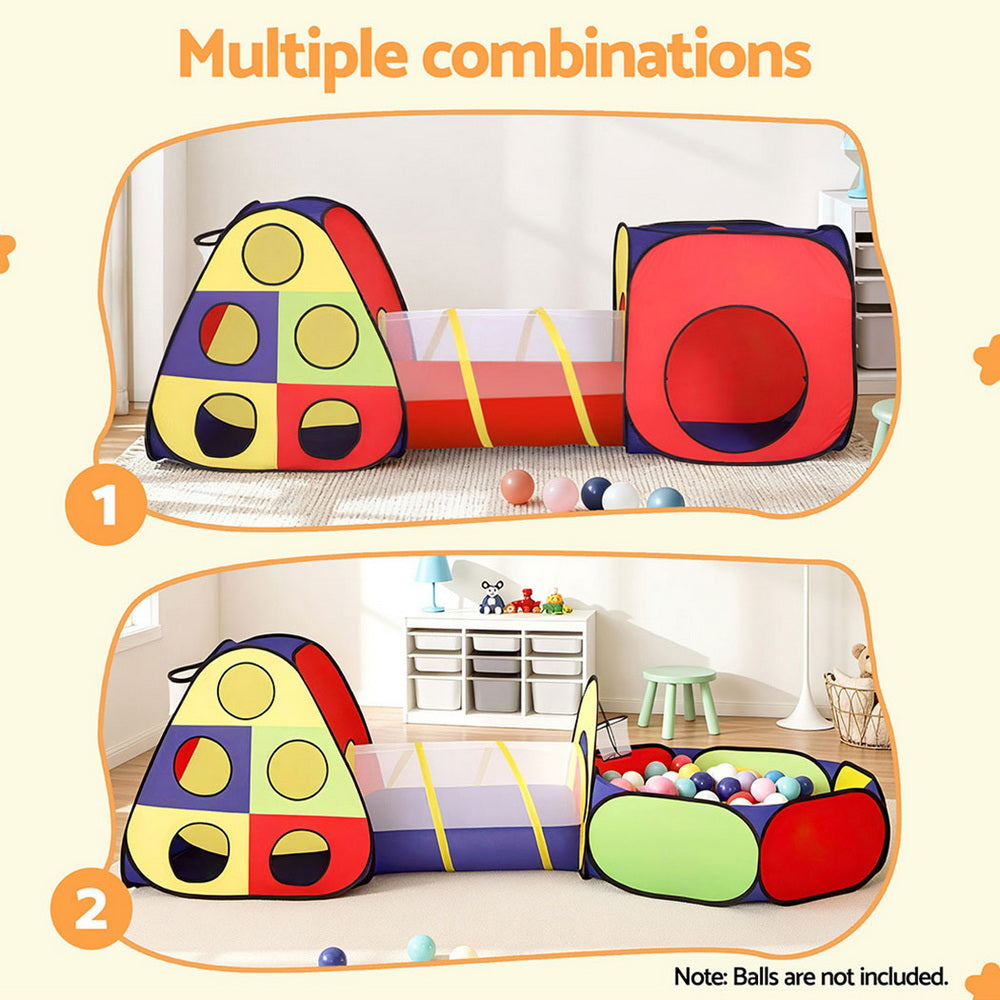 Kids play tent set with teepee, crawl tunnel, and ball pit in multi-coloured polyester — view 5