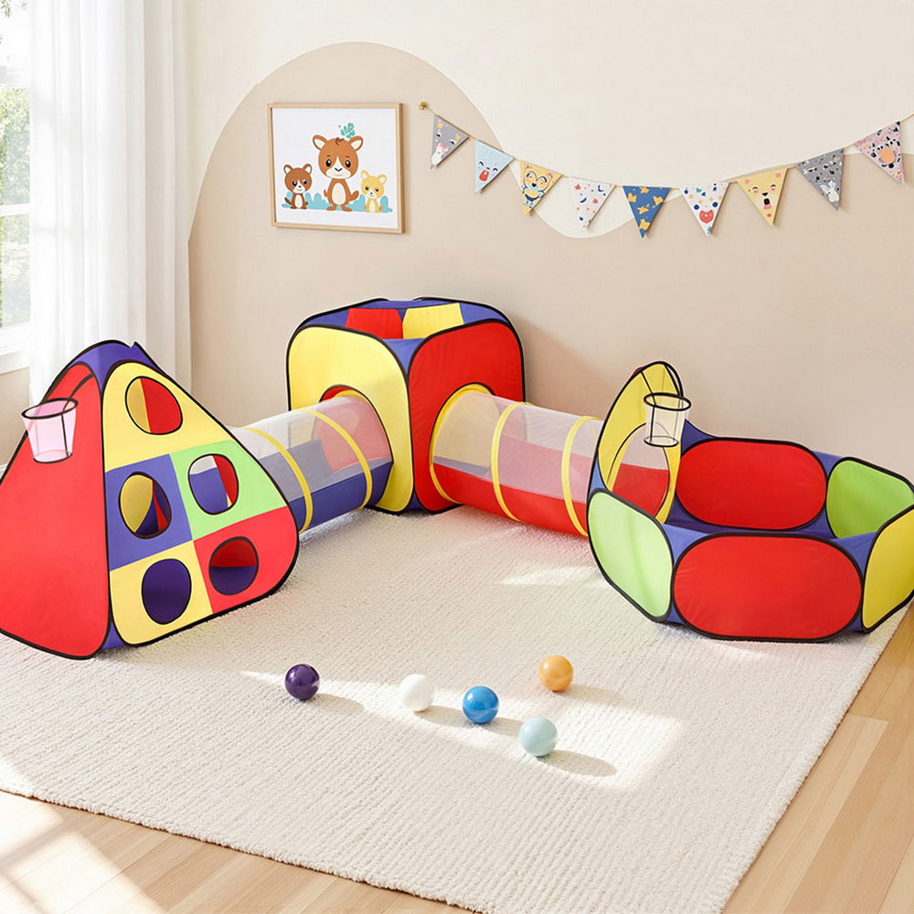 Kids play tent set with teepee, crawl tunnel, and ball pit in multi-coloured polyester