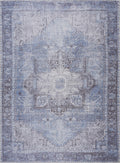 Pays traditional area rug in sky blue and gray distressed medallion pattern low profile cotton blend