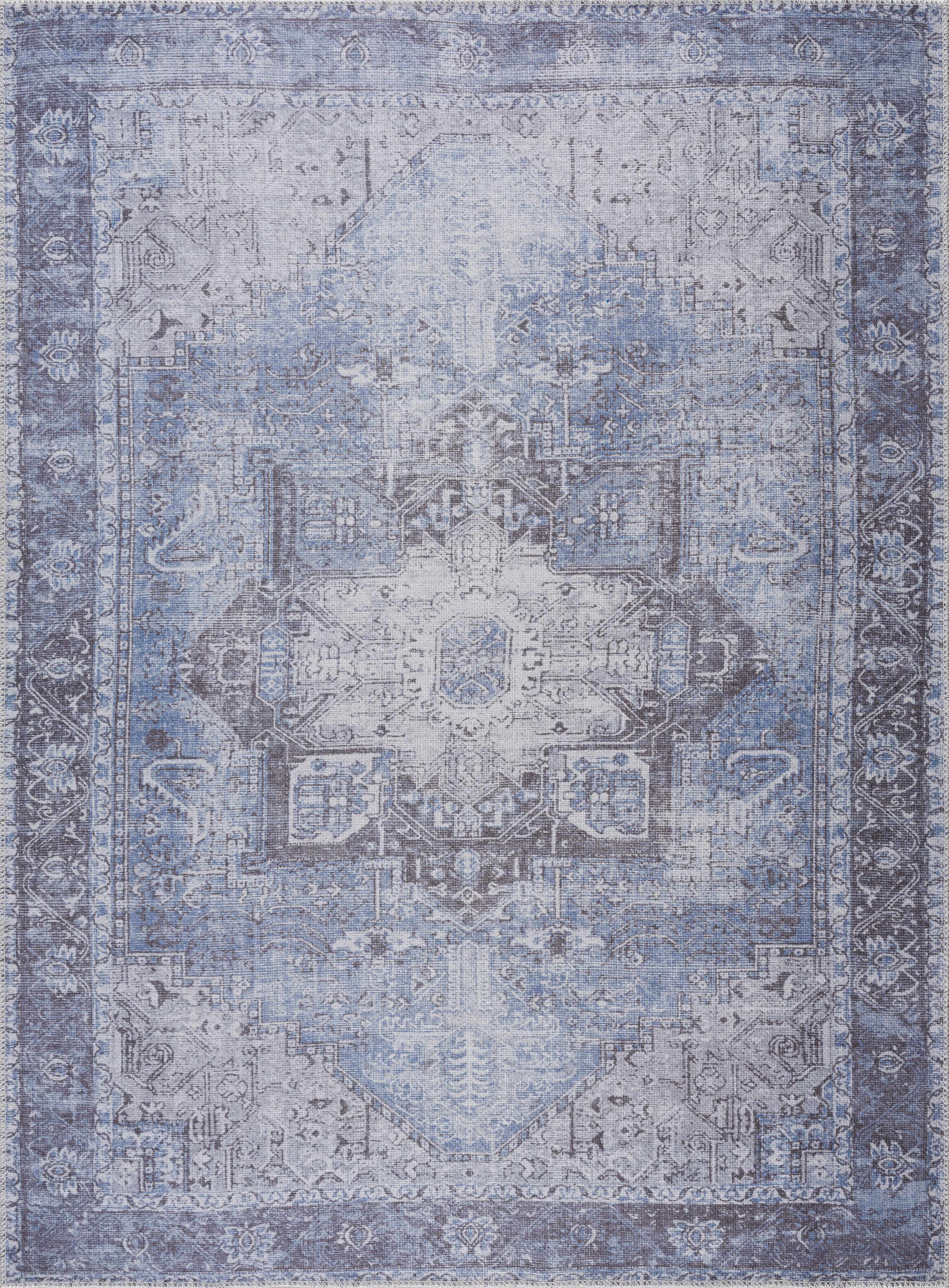 Pays traditional area rug in sky blue and gray distressed medallion pattern low profile cotton blend