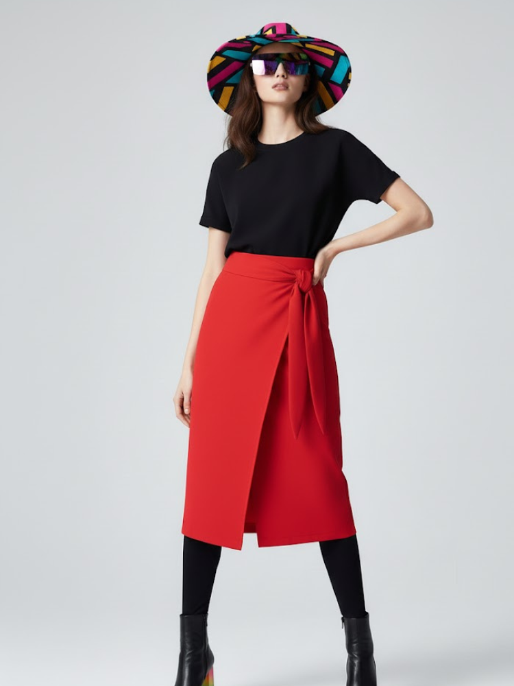 Times Square South red high-waisted pencil skirt with an elegant oversized statement bow detail — view 2