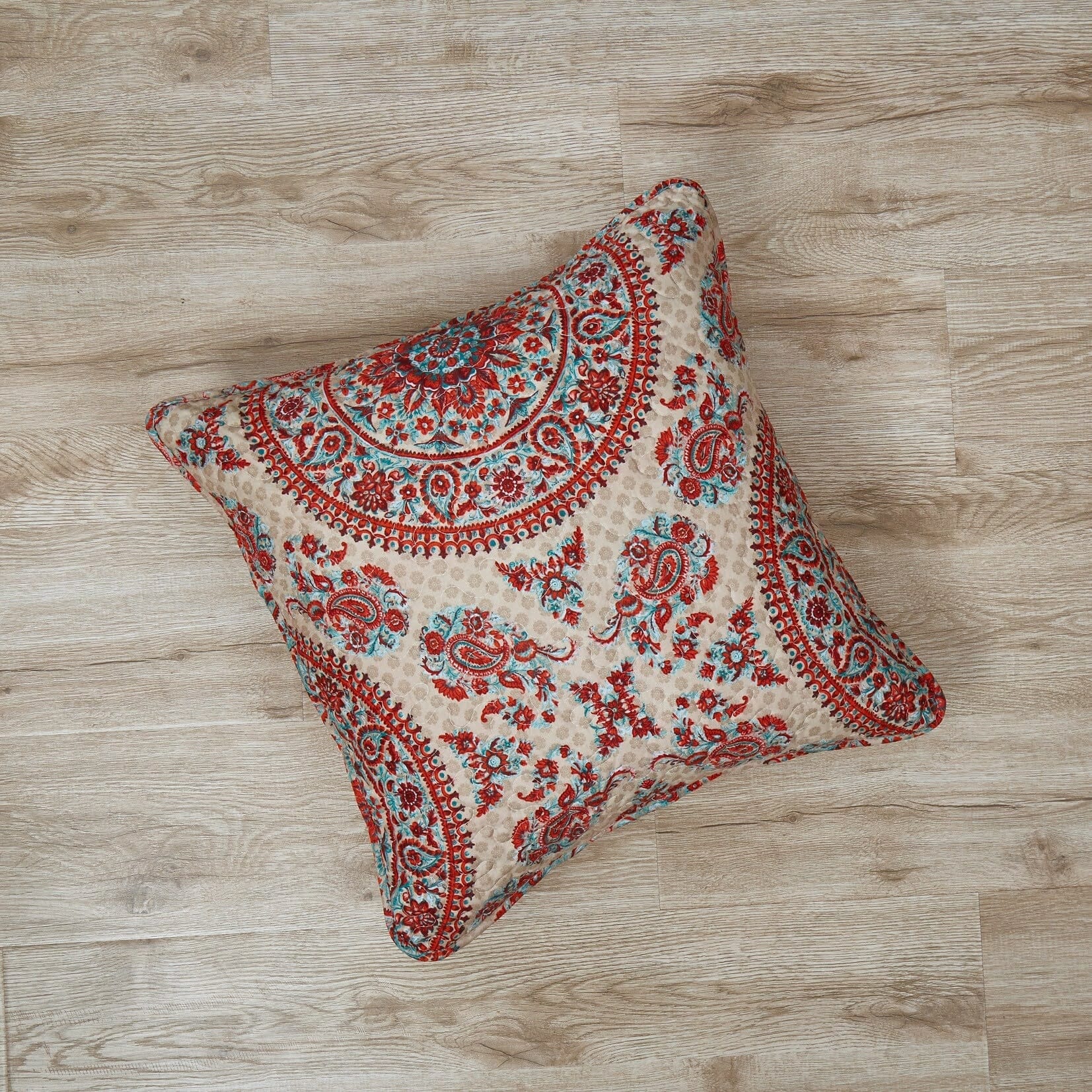 Bohemian desert medallion throw pillow cover featuring warm taupe floral patterns in soft microfiber fabric. — view 4