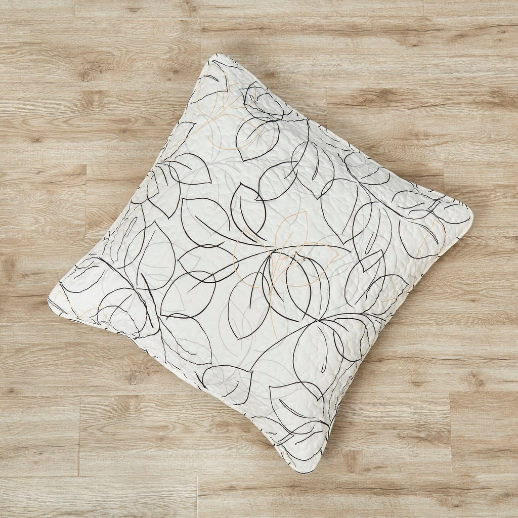 White microfiber cushion cover featuring minimalist black, gray, and gold leaf contour line art design. — view 5