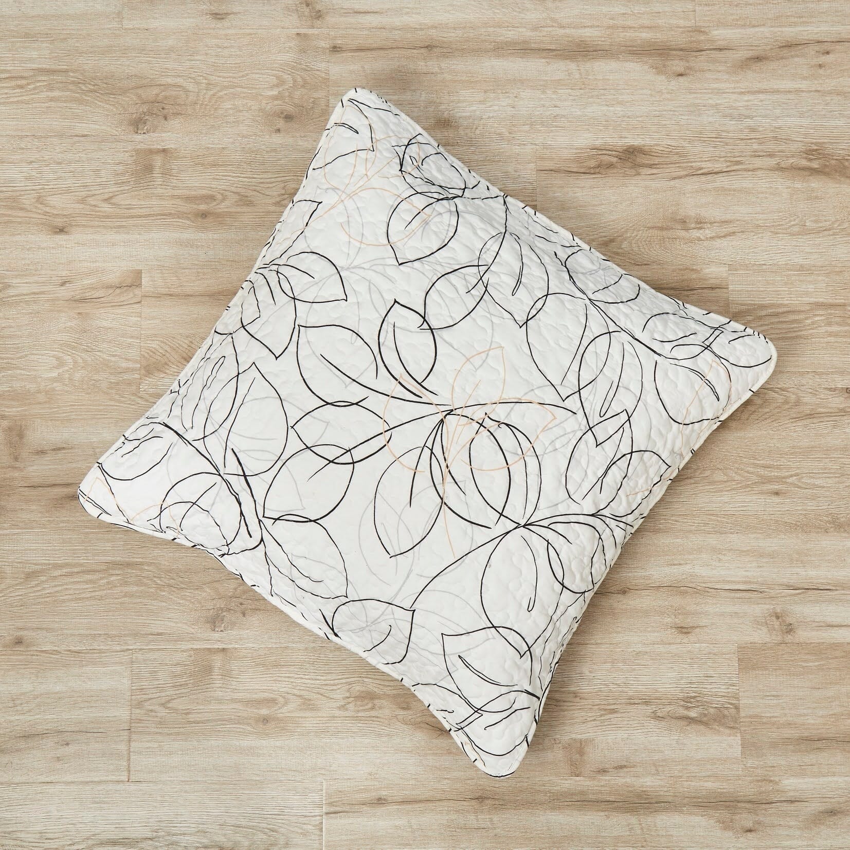 White microfiber cushion cover featuring minimalist black, gray, and gold leaf contour line art design. — view 5