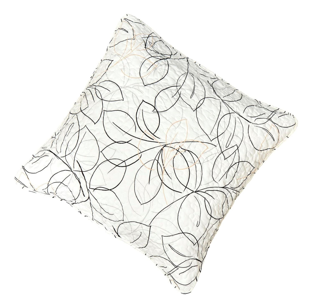 White microfiber cushion cover featuring minimalist black, gray, and gold leaf contour line art design.