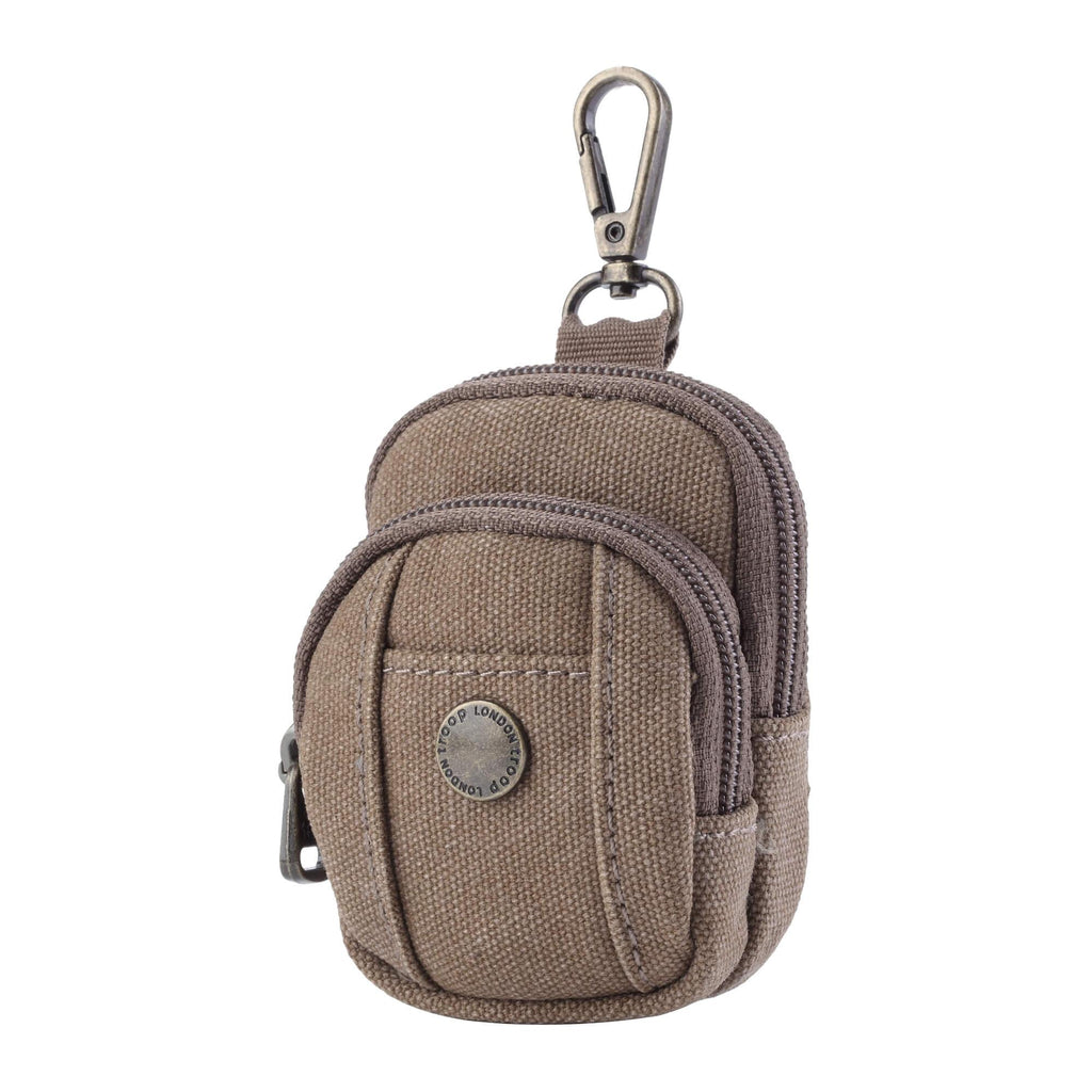 Miniature vertical canvas bag charm with zipper compartments and clip used as a small coin purse — view 2