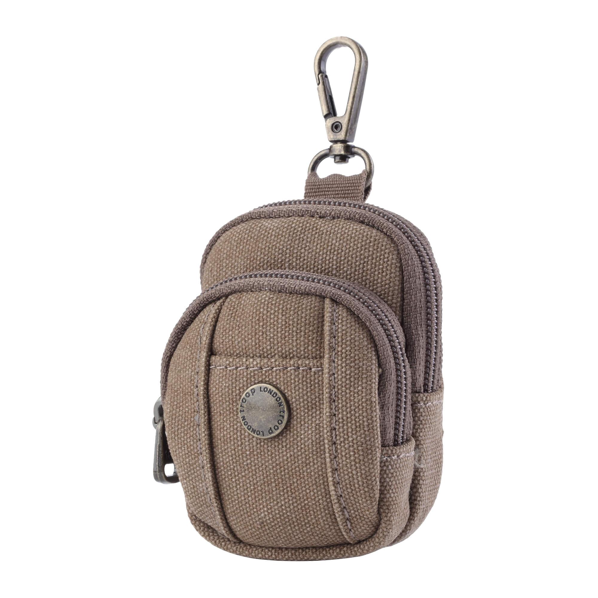 Miniature vertical canvas bag charm with zipper compartments and clip used as a small coin purse — view 2