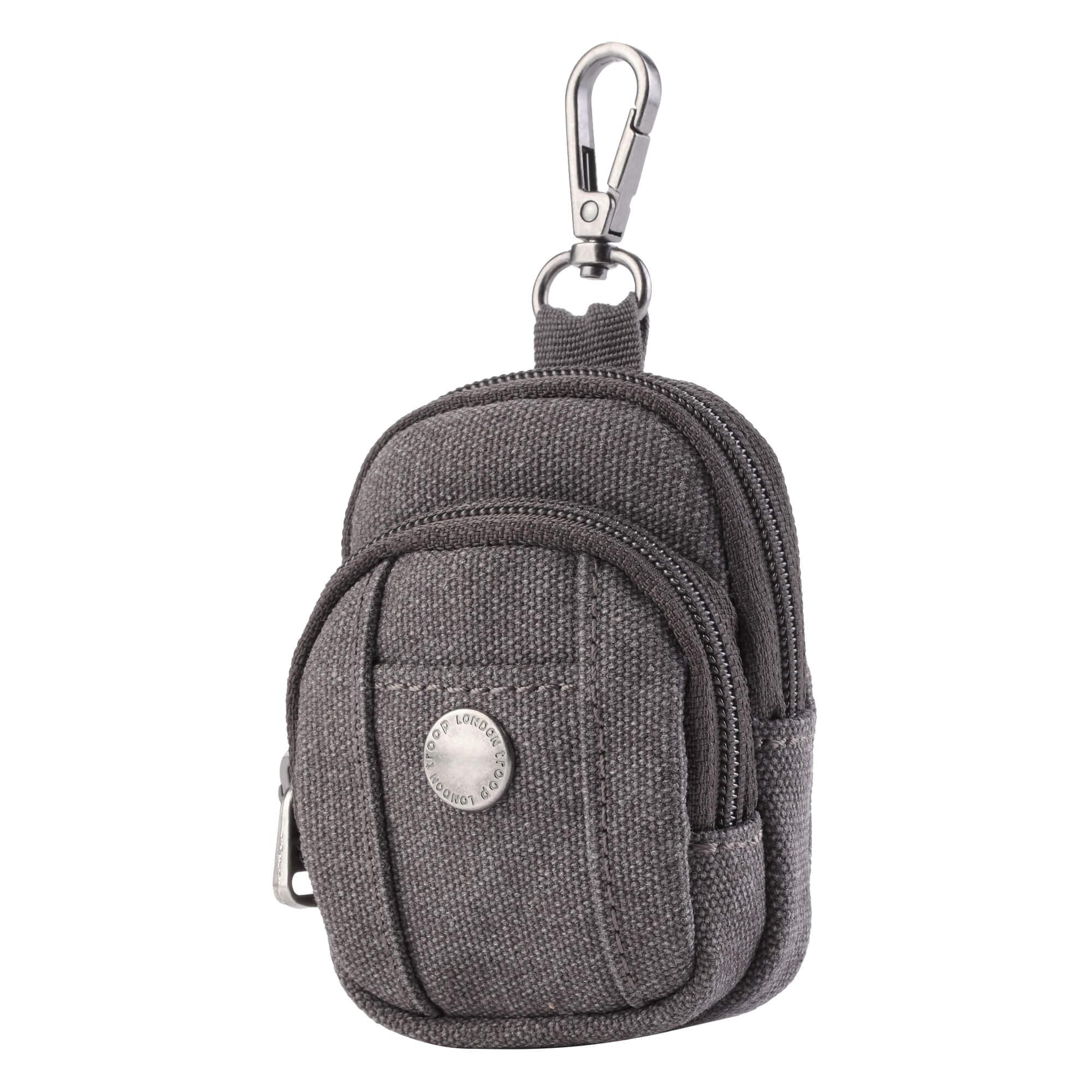 Miniature vertical canvas bag charm with zipper compartments and clip used as a small coin purse — view 3