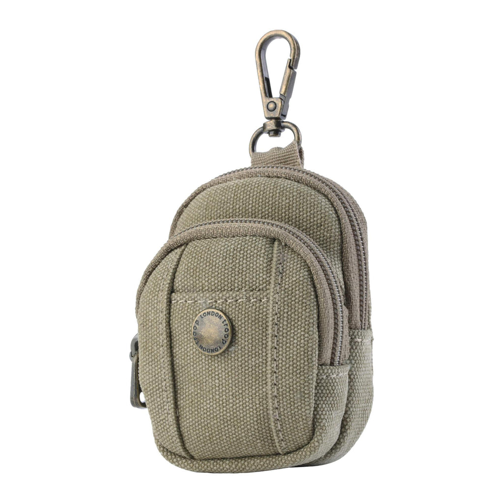 Miniature vertical canvas bag charm with zipper compartments and clip used as a small coin purse — view 4